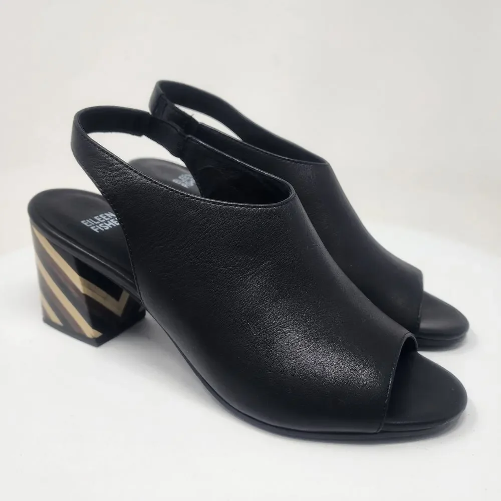 Eileen Fisher Bobbie Slingback Sandal Women 9.5 Italian Black Leather Wood Heel